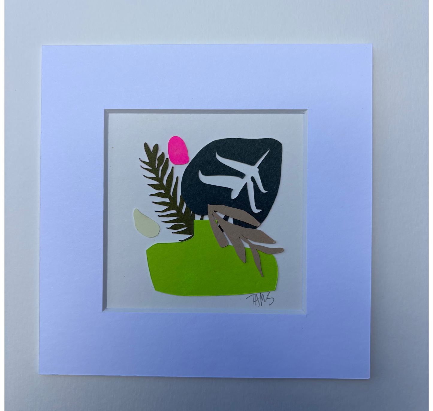 Abstract artwork with a green shape, pink circle, and white abstract figure on a white background