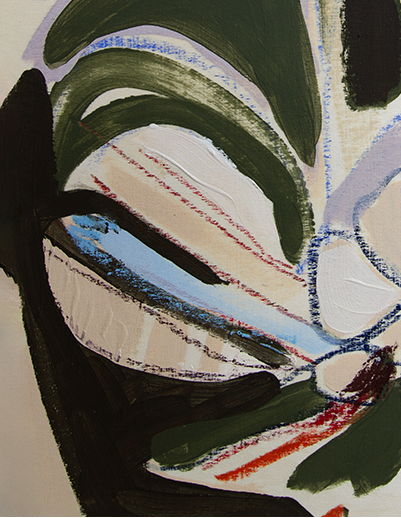 Abstract artwork with green leaves and a multicolored background